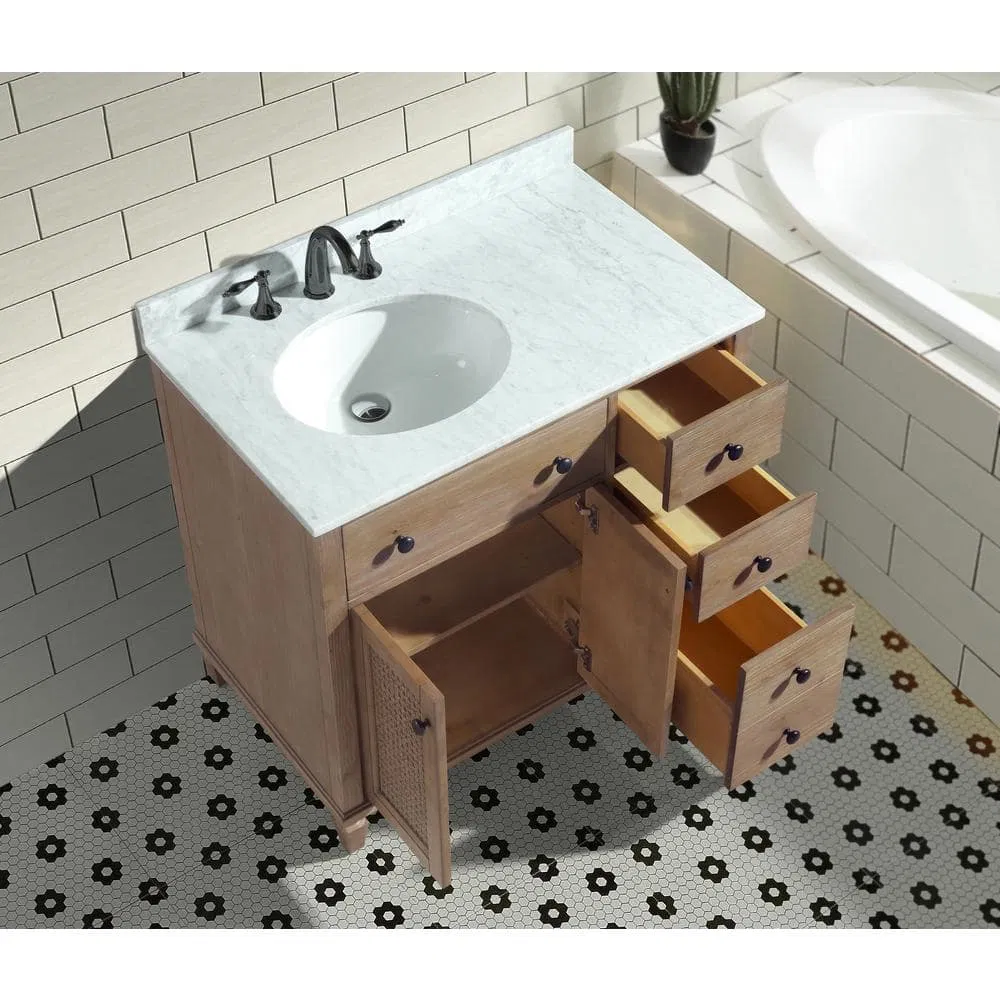 Modern Home Sink Furniture Wooden Freestanding Bathroom Vanity in Weathered Fir with Marble Vanity Top Carrara White Basin Chest of Drawers Storage Cabinet