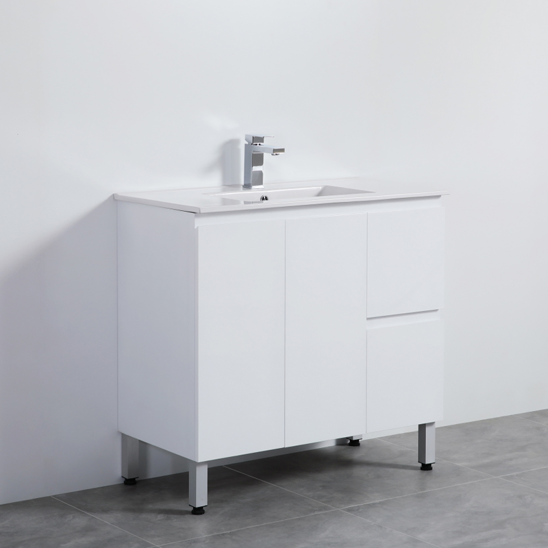 900mm PVC Bathroom Vanity Freestanding with Legs Gloss White Cabinet with Basin