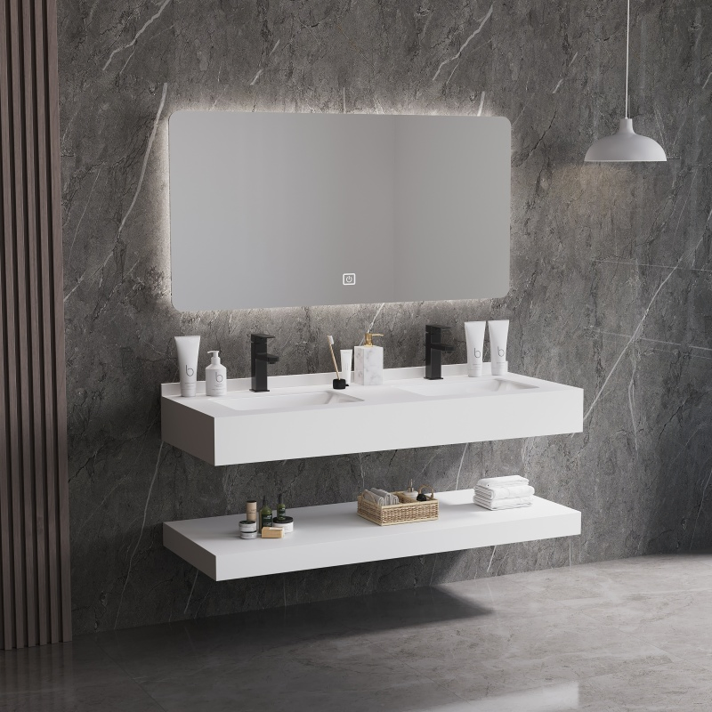 Double-Layer Wall Hung Rectangle Lavabo Marble Pattern Wash Basin Solid Surface Cabinet Hand Wash Basin Bathroom Vanity Sink