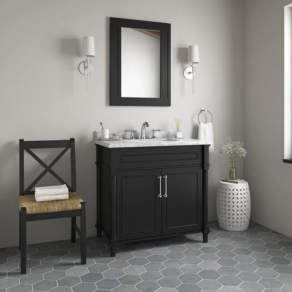 Elegant Black Freestanding Bathroom Vanity with Marble Top