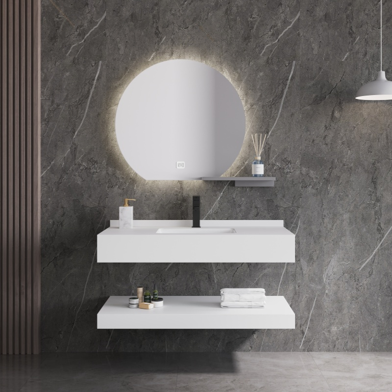 Double-Layer Wall Hung Rectangle Lavabo Marble Pattern Wash Basin Solid Surface Cabinet Hand Wash Basin Bathroom Vanity Sink