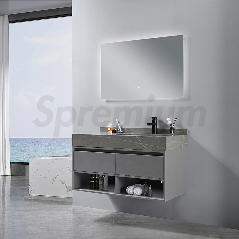 Modern Wall Solid Wood Floating Stone Bathroom Furniture Vanity with Single Sink