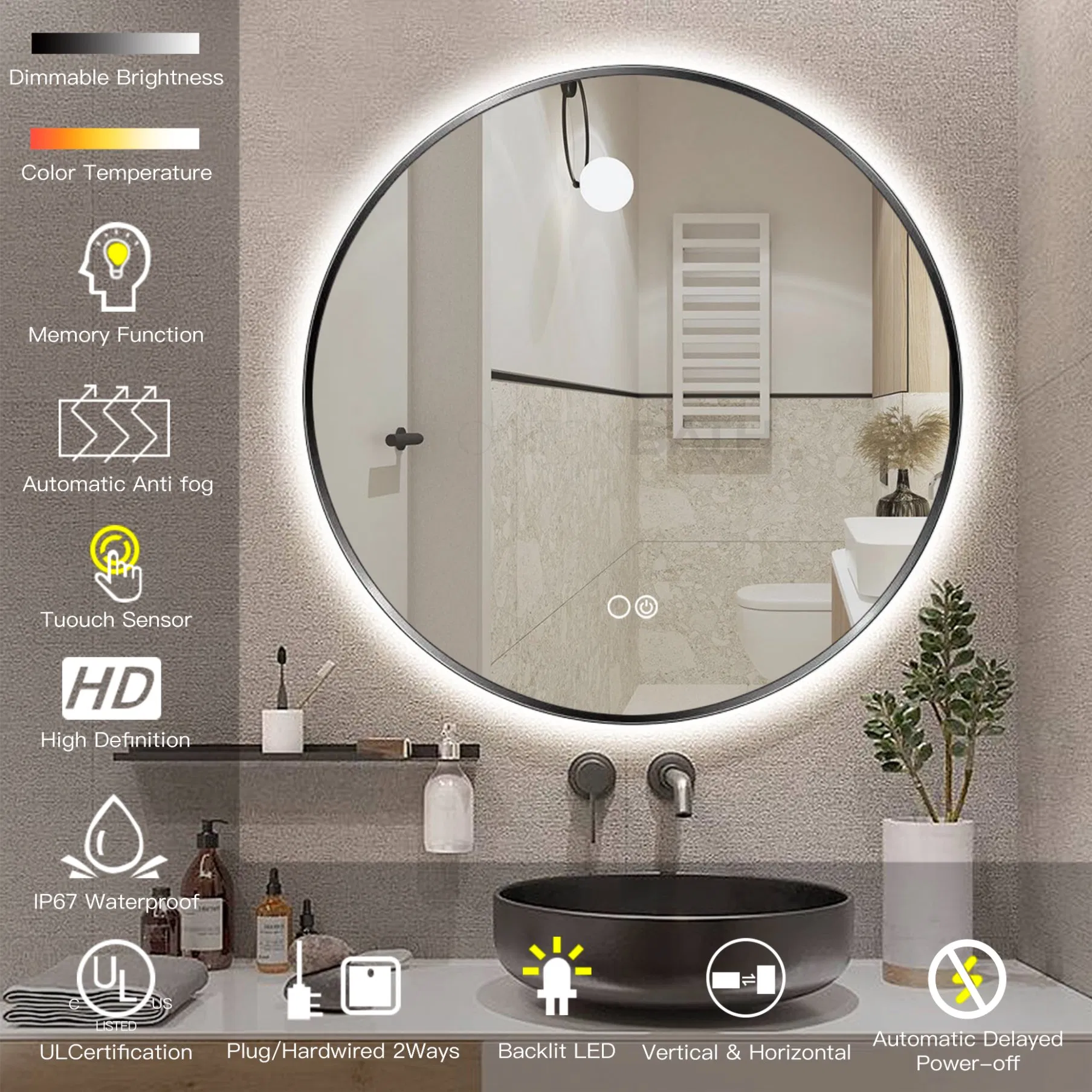 Ortonbath Round Black Metal Framed Backlit Round Make up Smart Bathroom Backlit Anti Fog Vanity LED Light Mirror Wall Mirror Bath LED Mirror