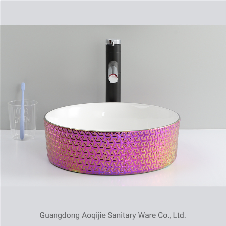Luxury Airplane Pattern Special Color Lavabo Countertop Round Ceramic Bathroom Vessel Sink White Bowl Hand Wash Art Basin Rose Red Plating Sink