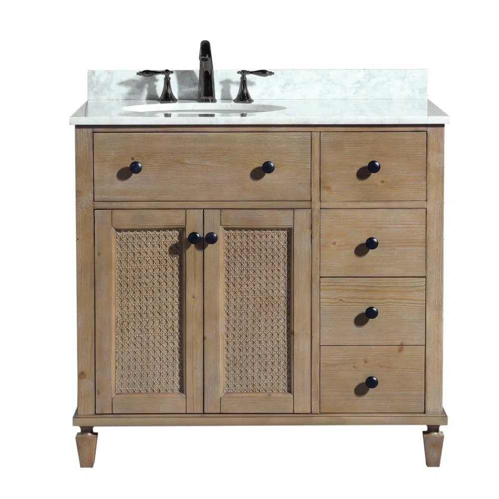 Modern Home Sink Furniture Wooden Freestanding Bathroom Vanity in Weathered Fir with Marble Vanity Top Carrara White Basin Chest of Drawers Storage Cabinet