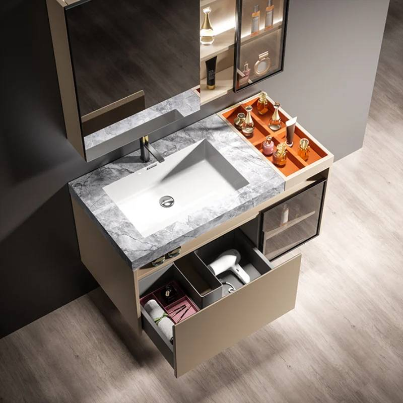 Modern Grey Solid Wood, Bathroom Furniture, Bathroom Vanity Set, Wall Mounted Bathroom Vanity, Washbasin Cabinet, Marble Design, Mirror