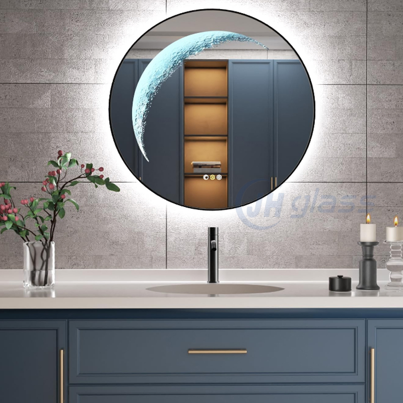 Round Framed Bathroom Mirrors with Moon Lighted Home Decoration Furniture LED Mirror