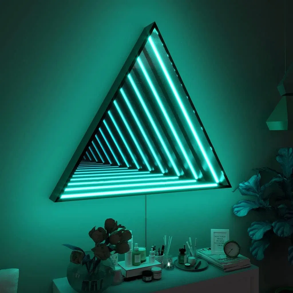 Infinity Triangle Mirror - LED Infinity Mirror Wall Lamp, Geometric RGB Colour Changing Wall Decor, 3D Tunnel Magical Lighting, Holographic Portal
