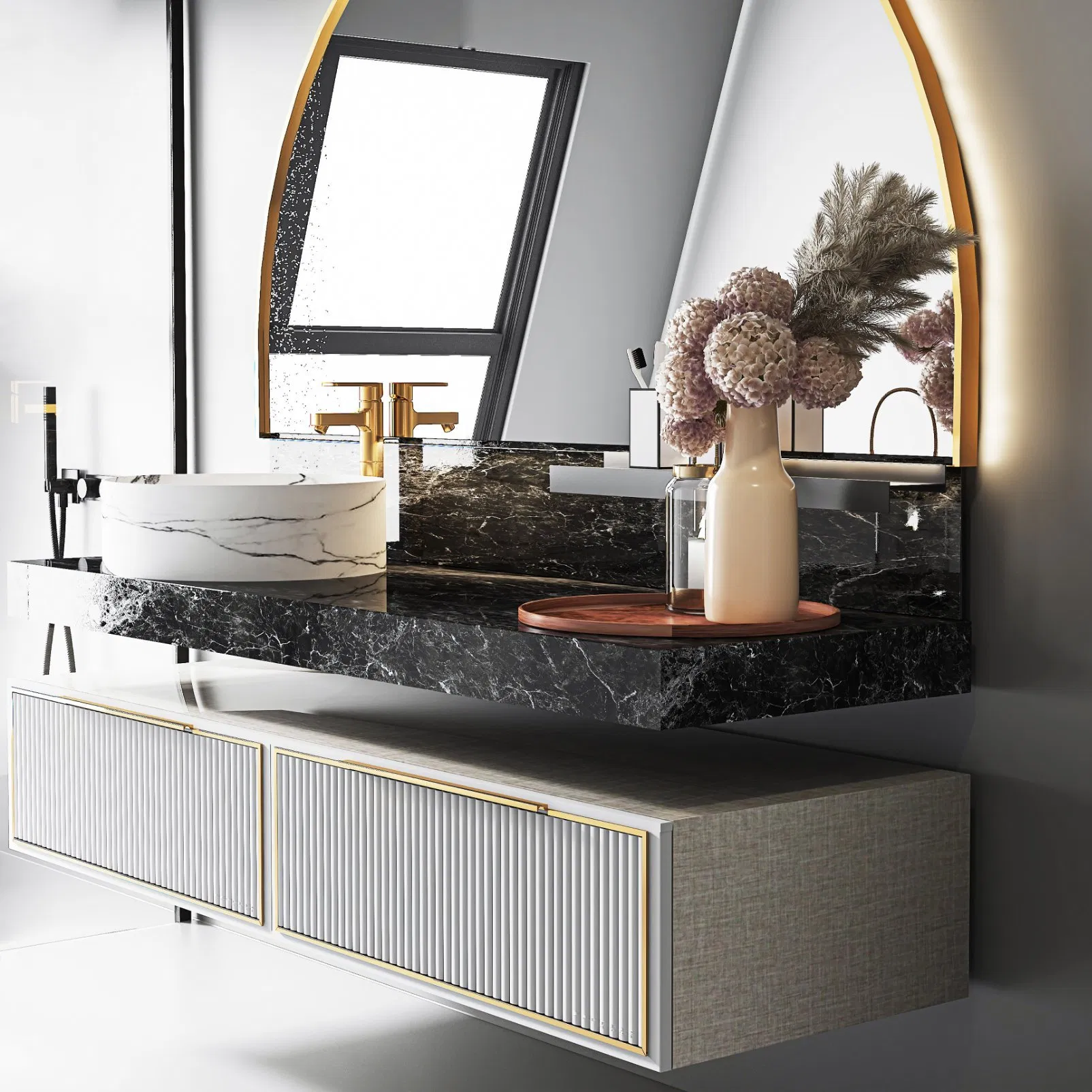 Half Round Arched Metal Minimalist High-End Modern Bathroom Cabinet Wash Basin Mirror Ceramic Vanity
