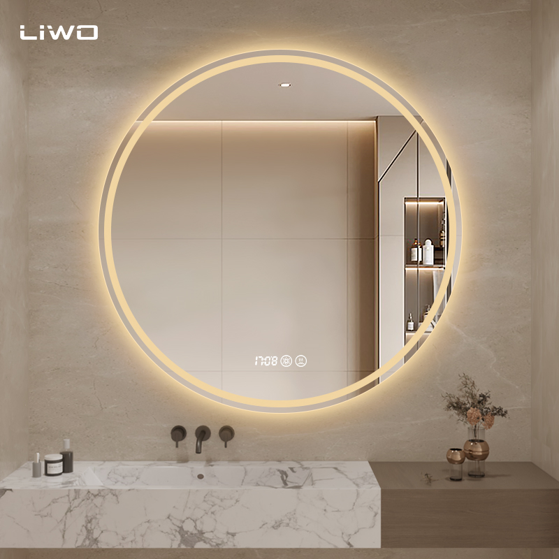 Round Intelligent Bathroom LED Mirror with Adjustable Light Time Temperature Anti-Fog Modern Wall-Mounted Frameless Home Decorative Makeup Cosmetic Furniture