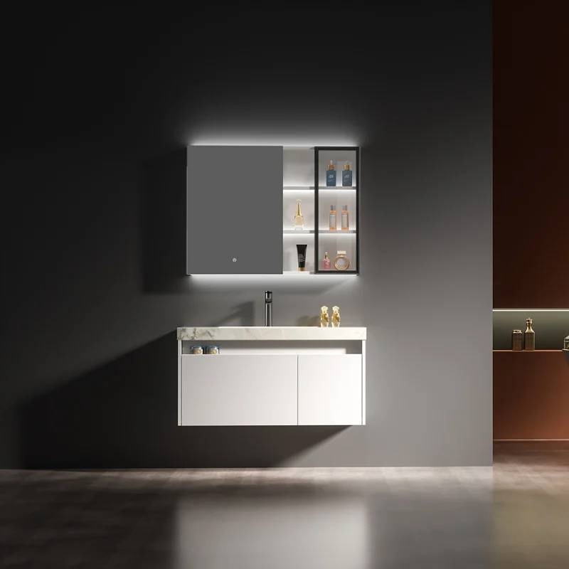 Modern Grey Solid Wood, Bathroom Furniture, Bathroom Vanity Set, Wall Mounted Bathroom Vanity, Washbasin Cabinet, Marble Design, Mirror