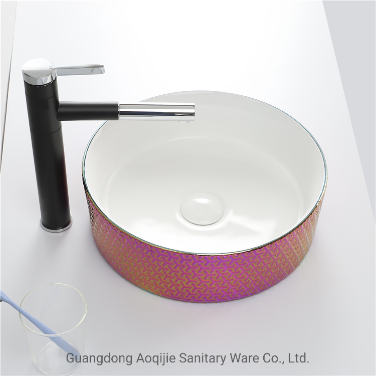 Luxury Airplane Pattern Special Color Lavabo Countertop Round Ceramic Bathroom Vessel Sink White Bowl Hand Wash Art Basin Rose Red Plating Sink