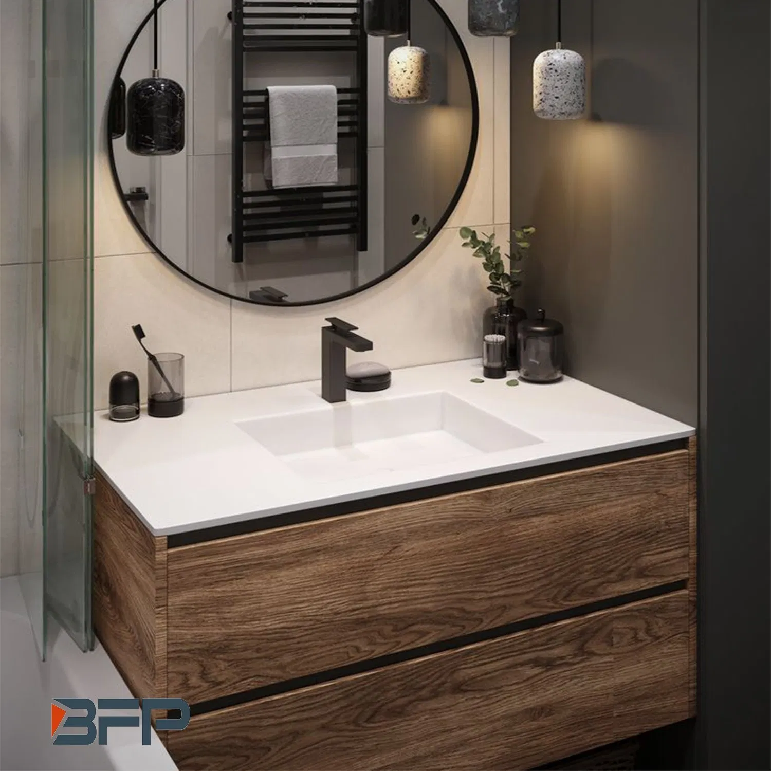Wood Grain Flat Panel Double Sink Mirror Vanity for Bathroom
