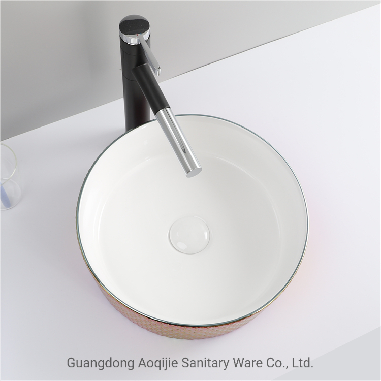 Luxury Airplane Pattern Special Color Lavabo Countertop Round Ceramic Bathroom Vessel Sink White Bowl Hand Wash Art Basin Rose Red Plating Sink
