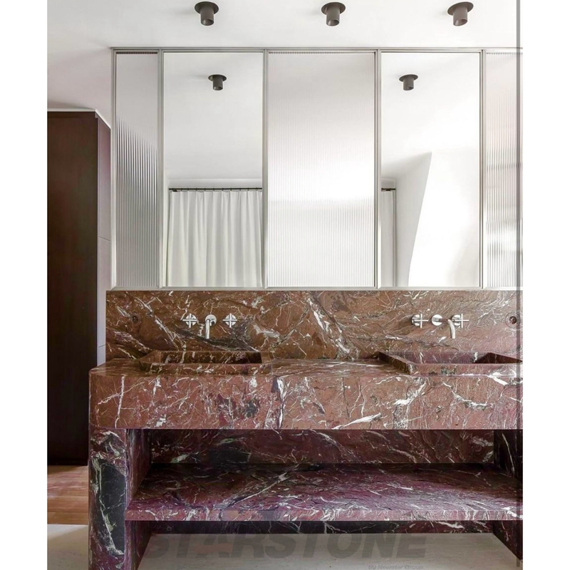 Custom Design Minimalist Scandinavian Fluted Wood Floating Marble Exposed Bathroom Vanity with Gold Vessel Sink