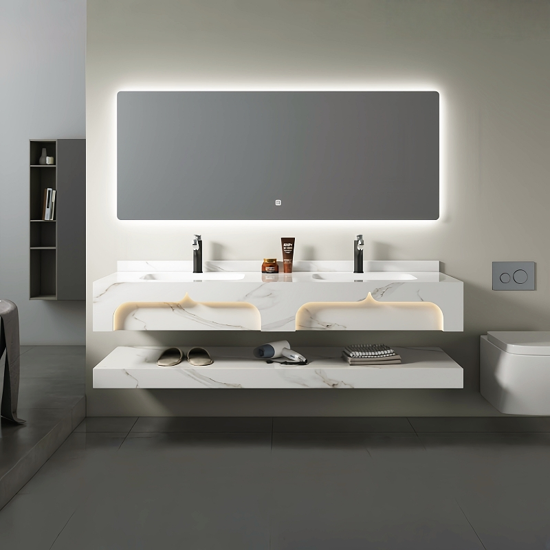Modern Luxury Floating Rock Slab Bathroom Vanity with LED Mirror &amp; Ambient Lighting