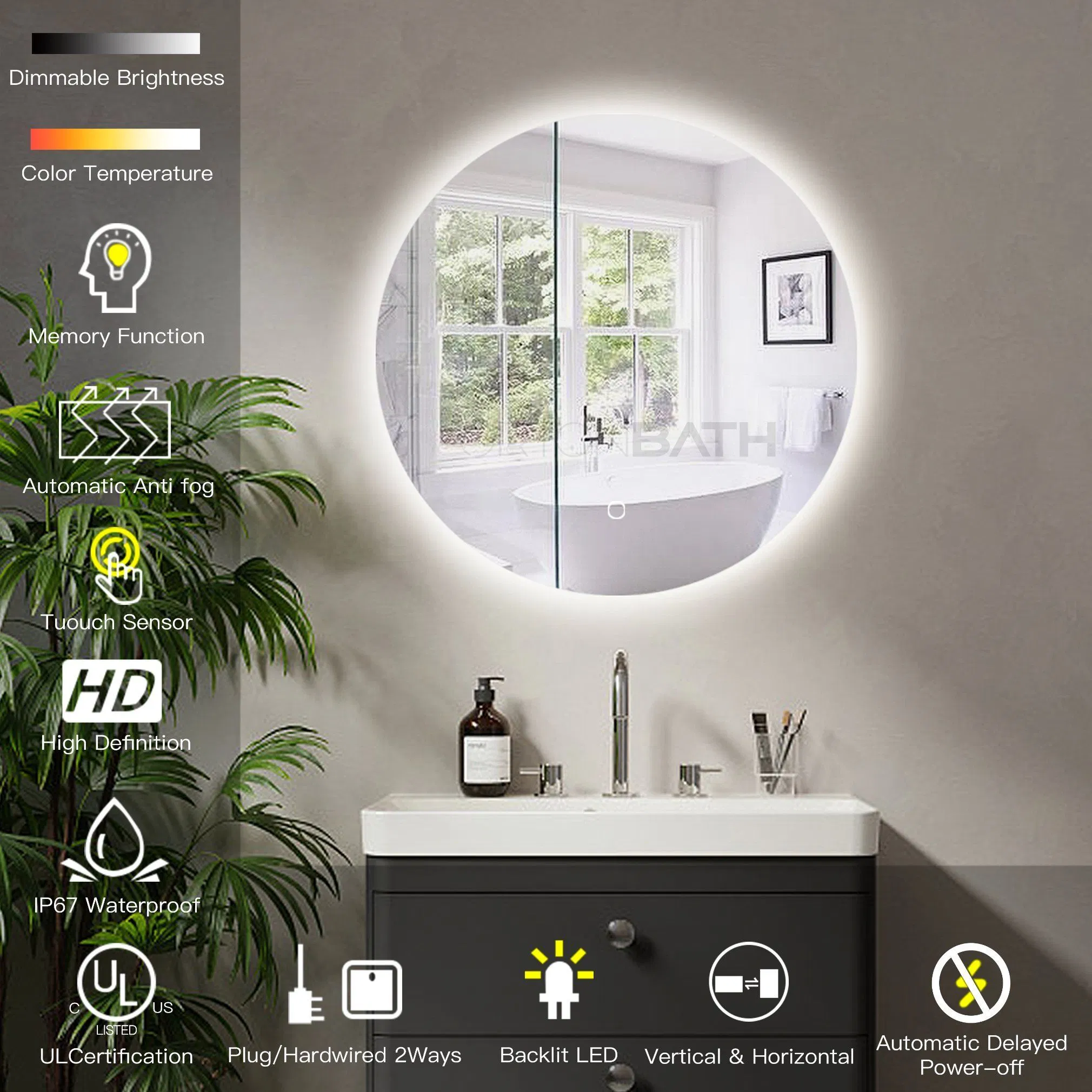 Ortonbath Round LED Bathroom Mirror Backlit Anti-Fog Wall Mounted Lighted Bathroom Vanity Mirror 3 Colors Light Dimmable Smart Makeup Mirror with Touch Switch