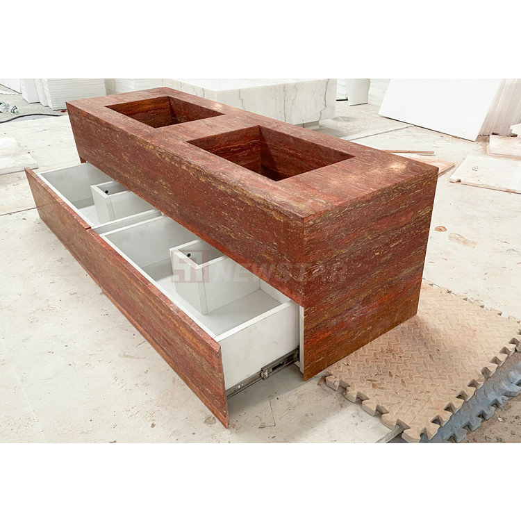 Matt Finish Natural Stone Red Travertine Countertop Bathroom Vanity Set Marble Sink Cabinet Floating Marble Travertine Vanity