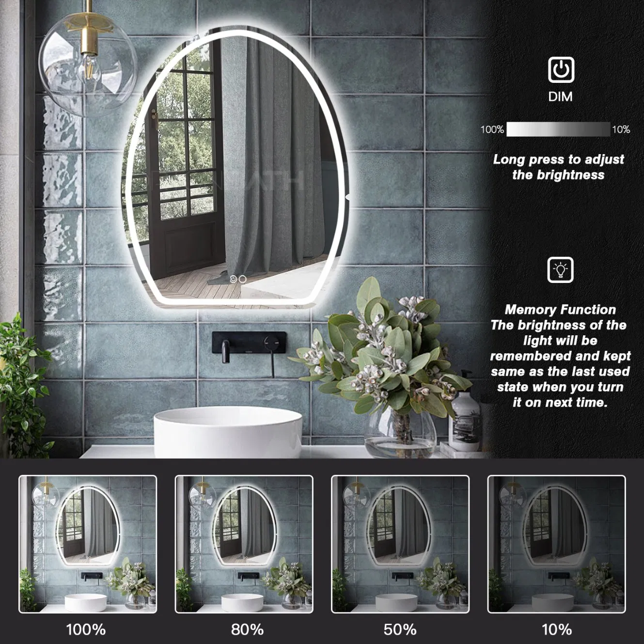 Ortonbath Cut Egg Shape Bathroom LED Mirror with Lights LED Backlit Mirrors Irregular Vanity Mirror Half LED Makeup Mirror with Front Lighting