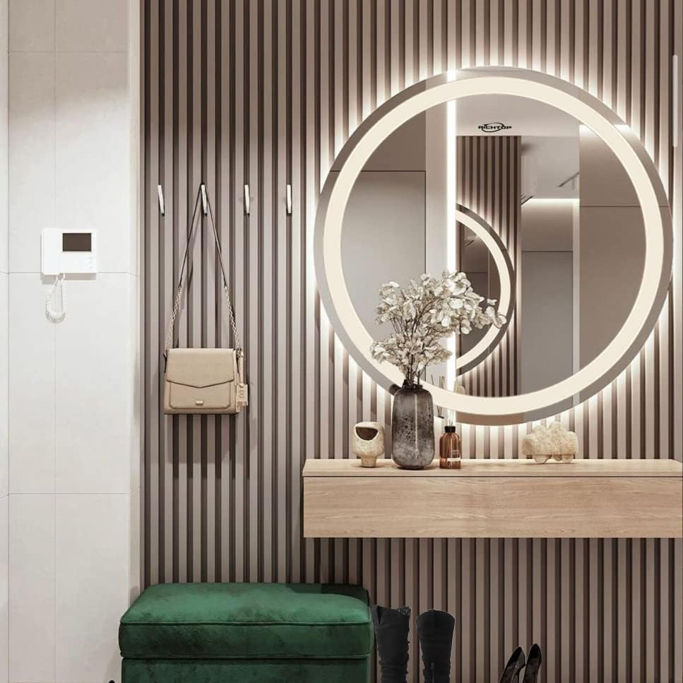 LED Bathroom Mirror with Lights Anti Fog Smart Round Bathroom Vanity Mirror 3 Color Dimmable Lighted Circle Mirror Backlit Light up Mirrors for Bathroom