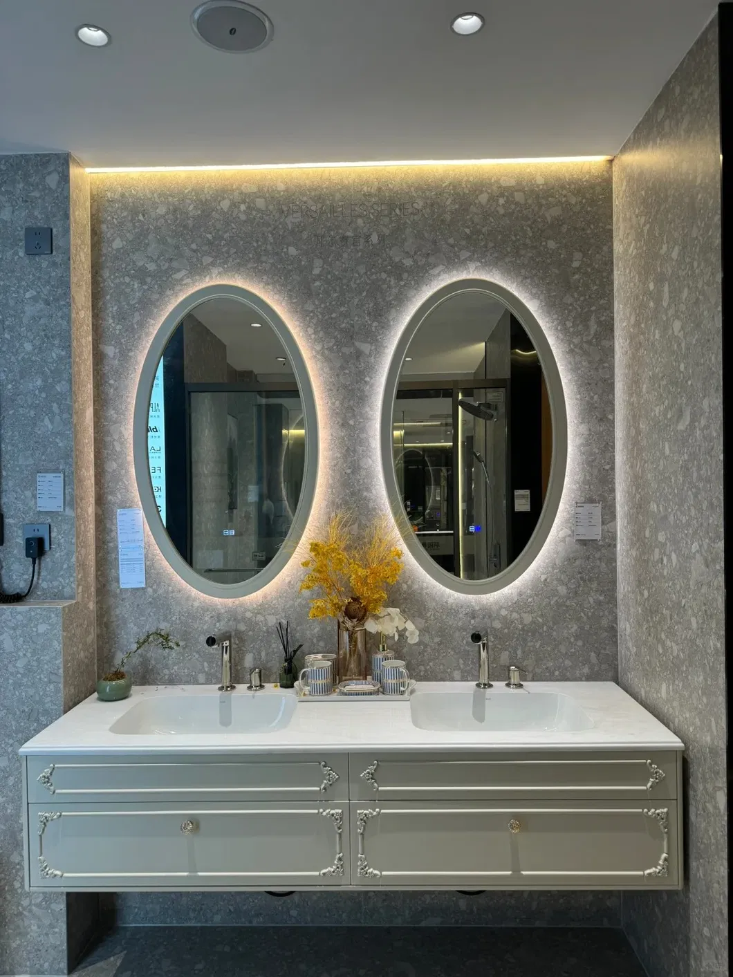 European Elegant Oak Wood Floor Standing Double Sinks Antique Bathroom Vanity Cabinet