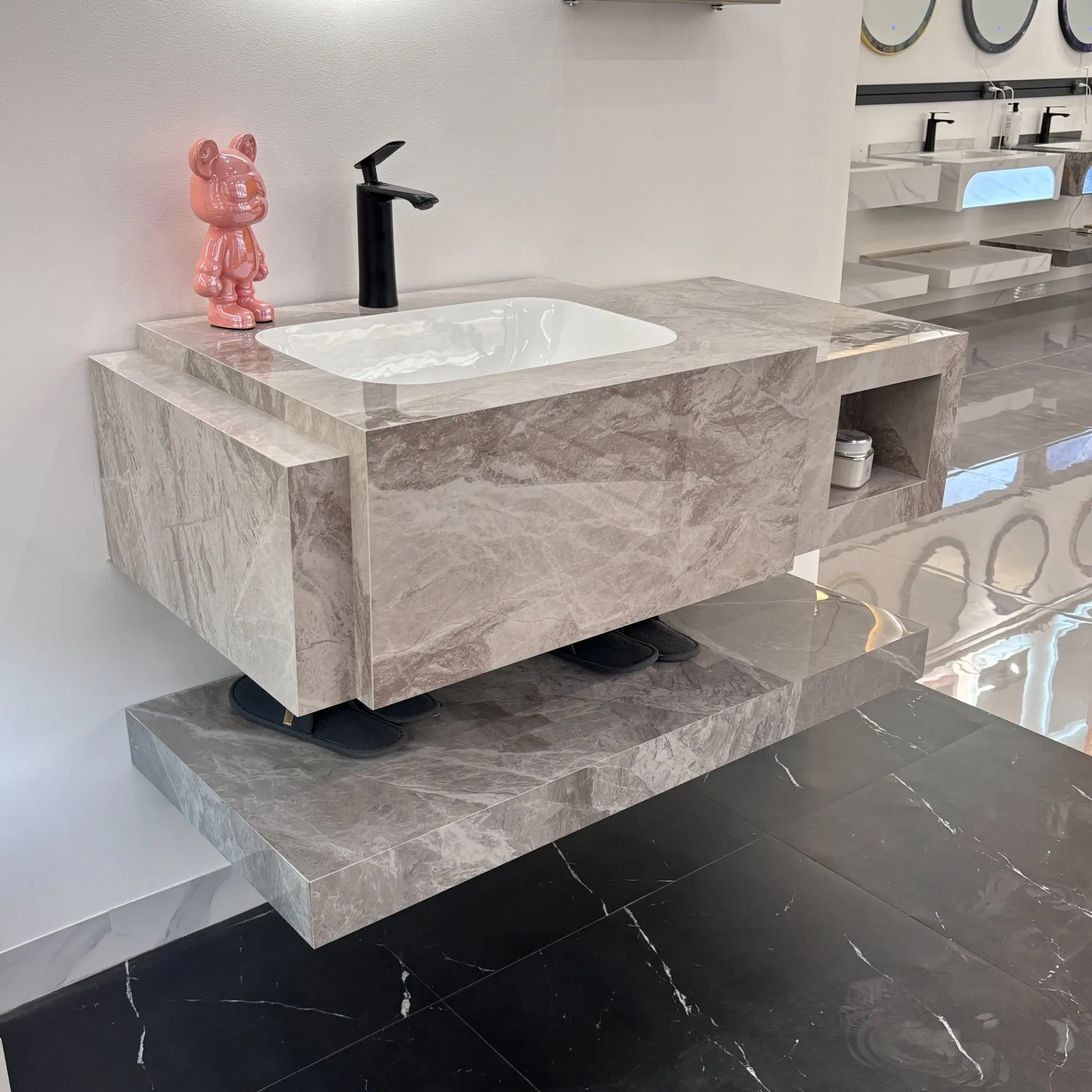 Floating Sintered Stone Single Bowl Sink Bathroom Vanity with Seamless Basin