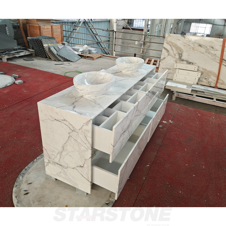 Light Brown Marble Slab Arabescato Vagli Stone Freestanding Vanity Benchtop with Drawer for Indoor Bathroom Furniture