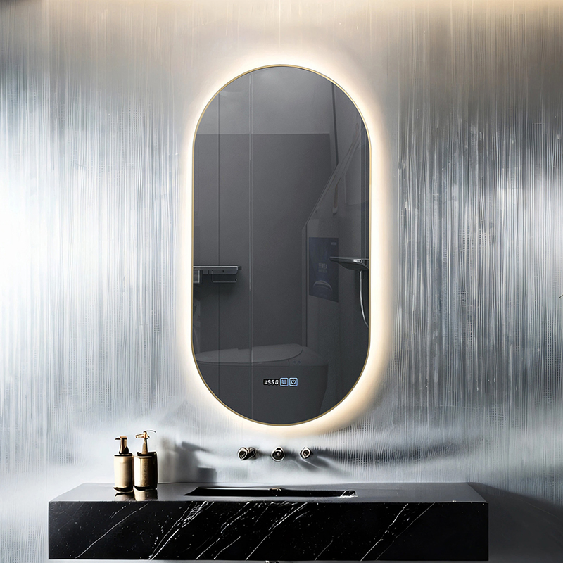 Modern Smart Home Touch Screen Oval LED Bathroom Anti-Fog Mirror with Time Screen
