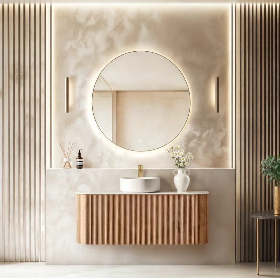 Olife Banos 2025 Modern Special Design Fluted Stripe Plywood Sintered Stone Counter Bathroom Vanity with Ceramic Basin