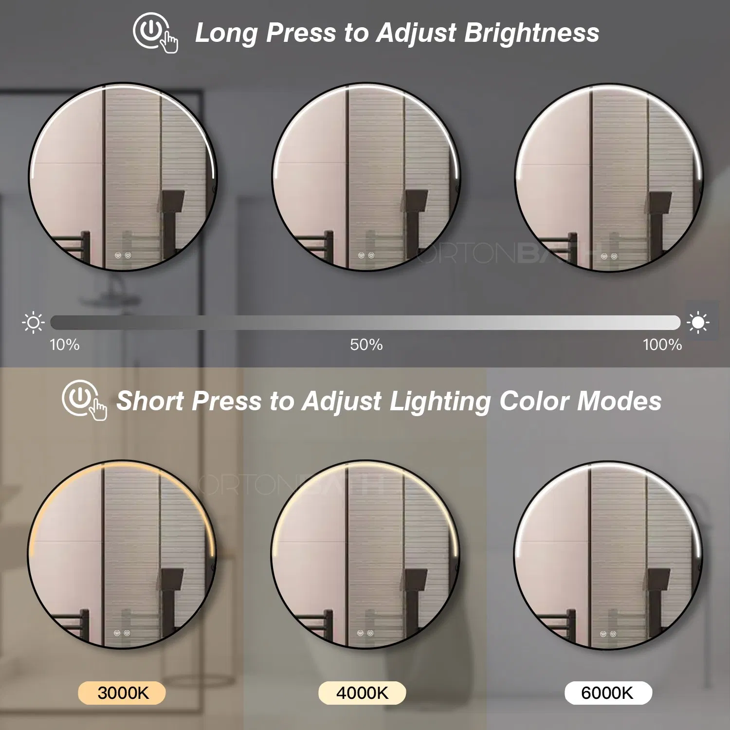 Ortonbath Thin Edge Front Lighted Black Framed Circle Bath Vanity Home Smart Wall Mounted LED Mirror Bathroom Designer Art Mirror