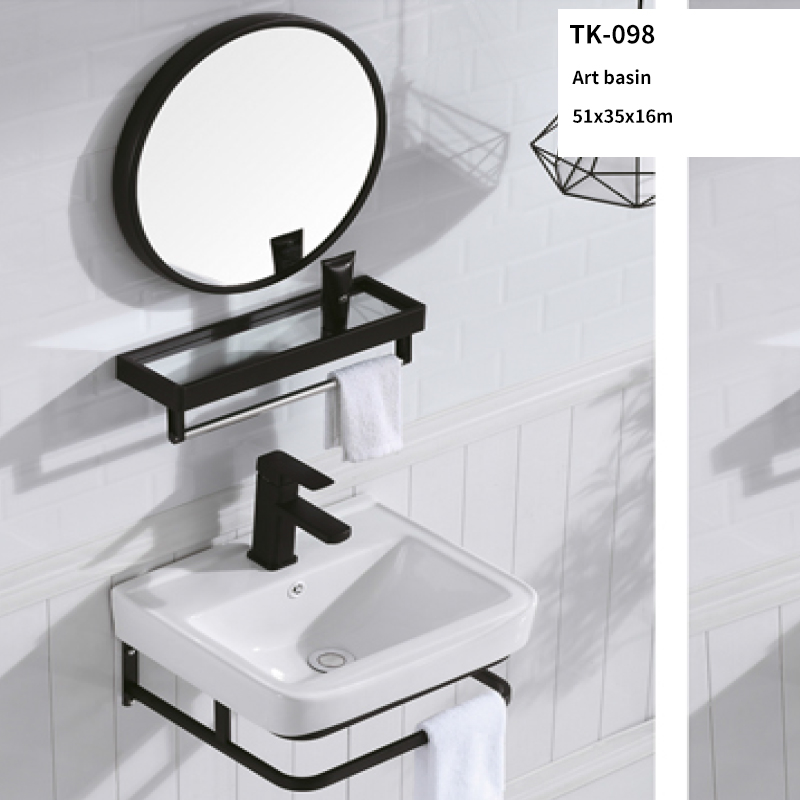 Small Wall Mounted Metal Hung White Bathroom Sink with Round Mirror
