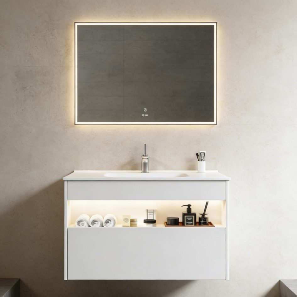 Modern Luxury Style Wholesale LED Mirror Double Sink Storage Bathroom Vanity
