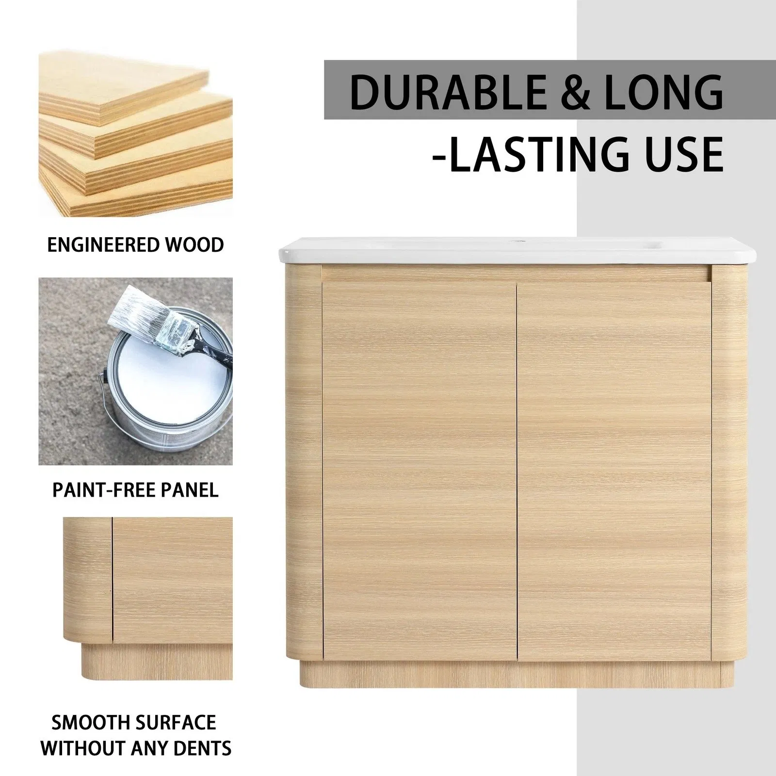 36'' Plywood Freestanding Bathroom Vanity W/White Ceramic Sink 2 Doors Oak Color