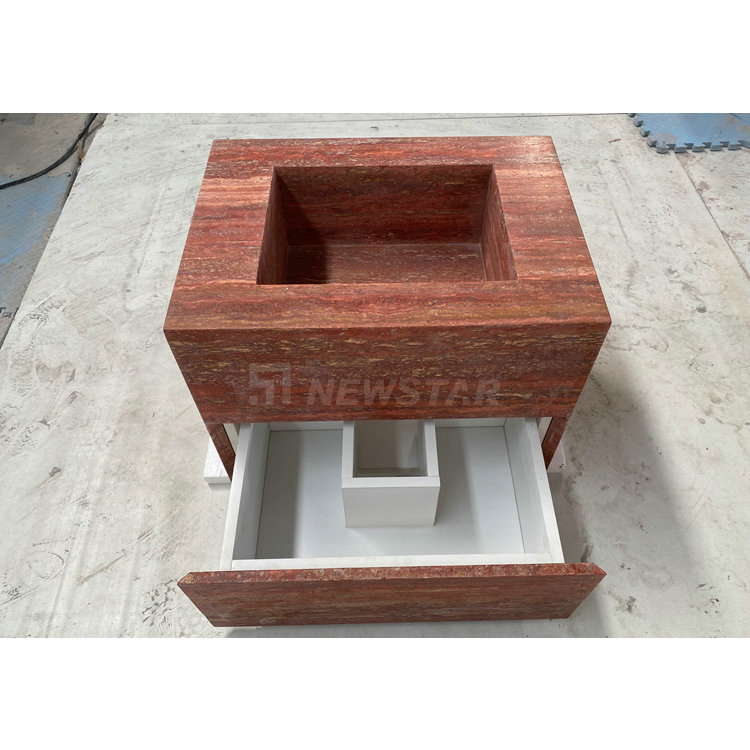 Matt Finish Natural Stone Red Travertine Countertop Bathroom Vanity Set Marble Sink Cabinet Floating Marble Travertine Vanity