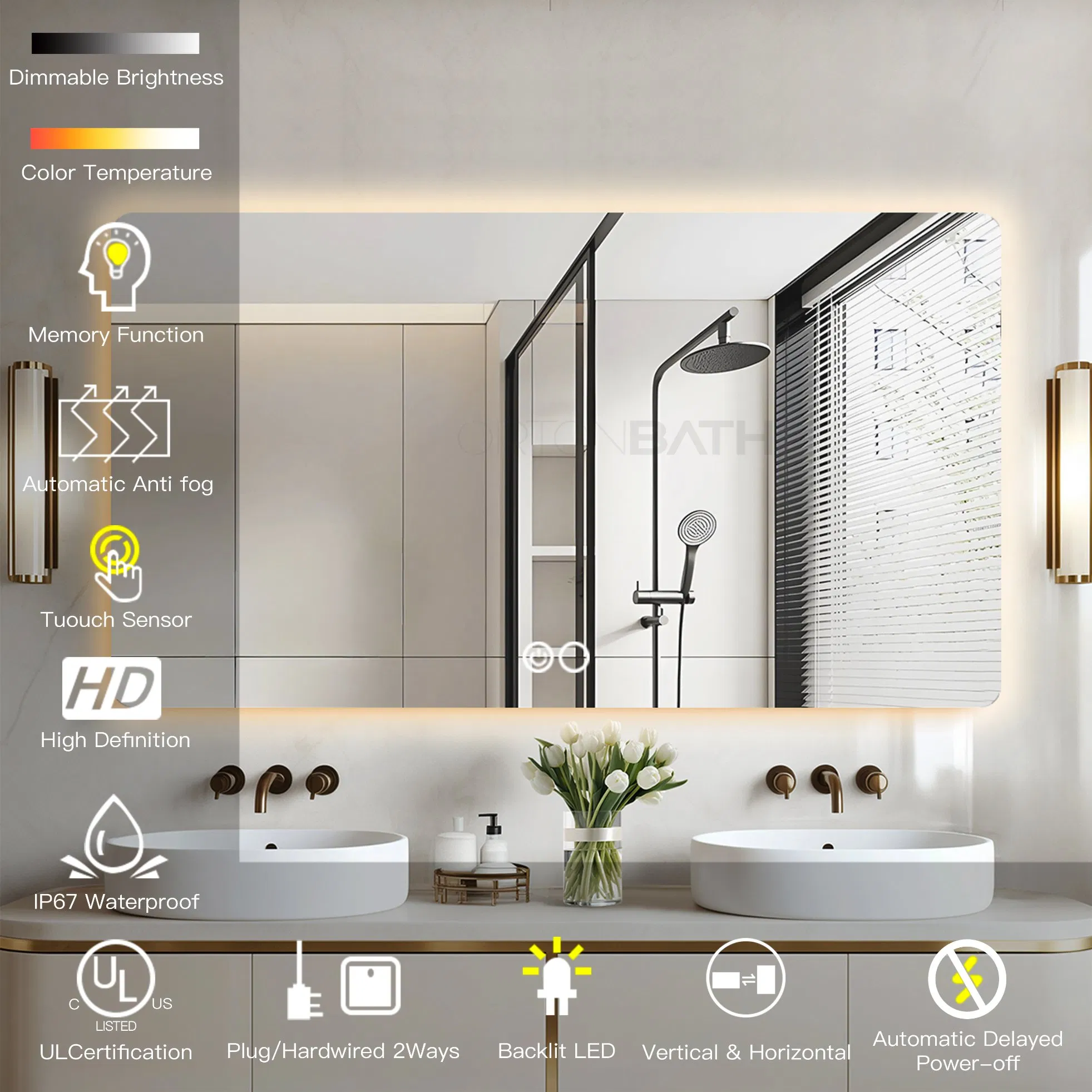 Ortonbath Backlit Rectangle Frameless LED Mirror for Bathroom Wall Mirror with Dimmable, Anti-Fog, Shatterpoof, Memory (Horizontal/Vertical) Backlit Mirror