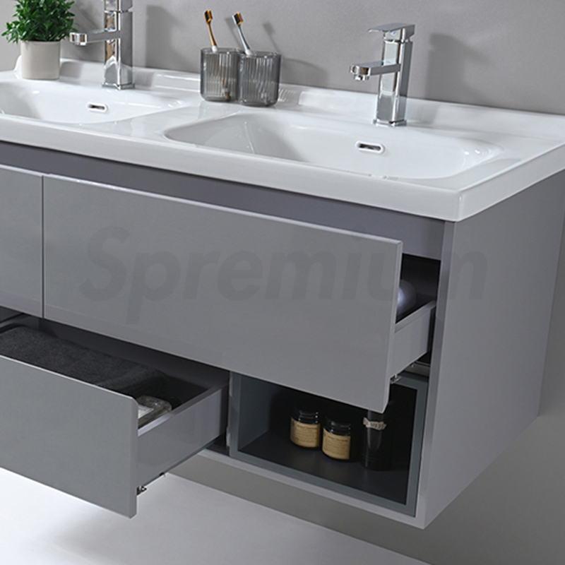 Grey Double Sink Modern Fancy Wall Bathroom Cabinet Vanity with LED Mirror