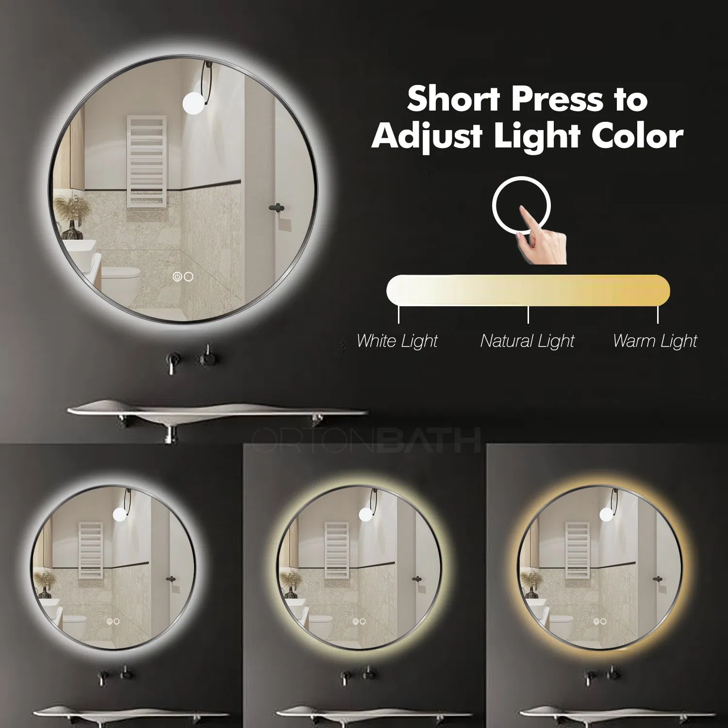 Ortonbath Round Black Metal Framed Backlit Round Make up Smart Bathroom Backlit Anti Fog Vanity LED Light Mirror Wall Mirror Bath LED Mirror