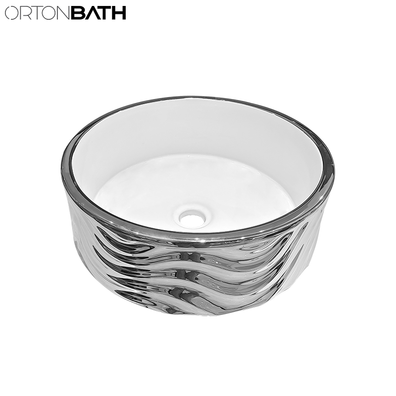 Ortonbath Round Silver Porcelain Modern Design Counter-Top Bathroom Art Vessel Sink Bowl Shape Wash Basin