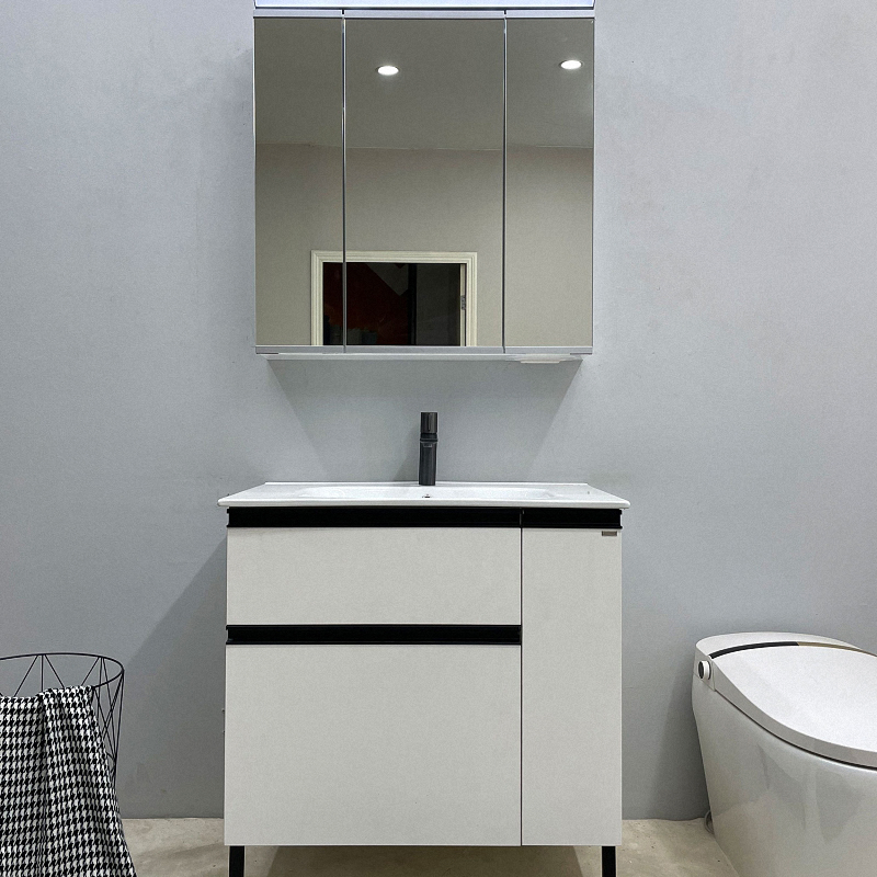 White Freestanding Bathroom Vanity with Ceramic Basin for Apartment