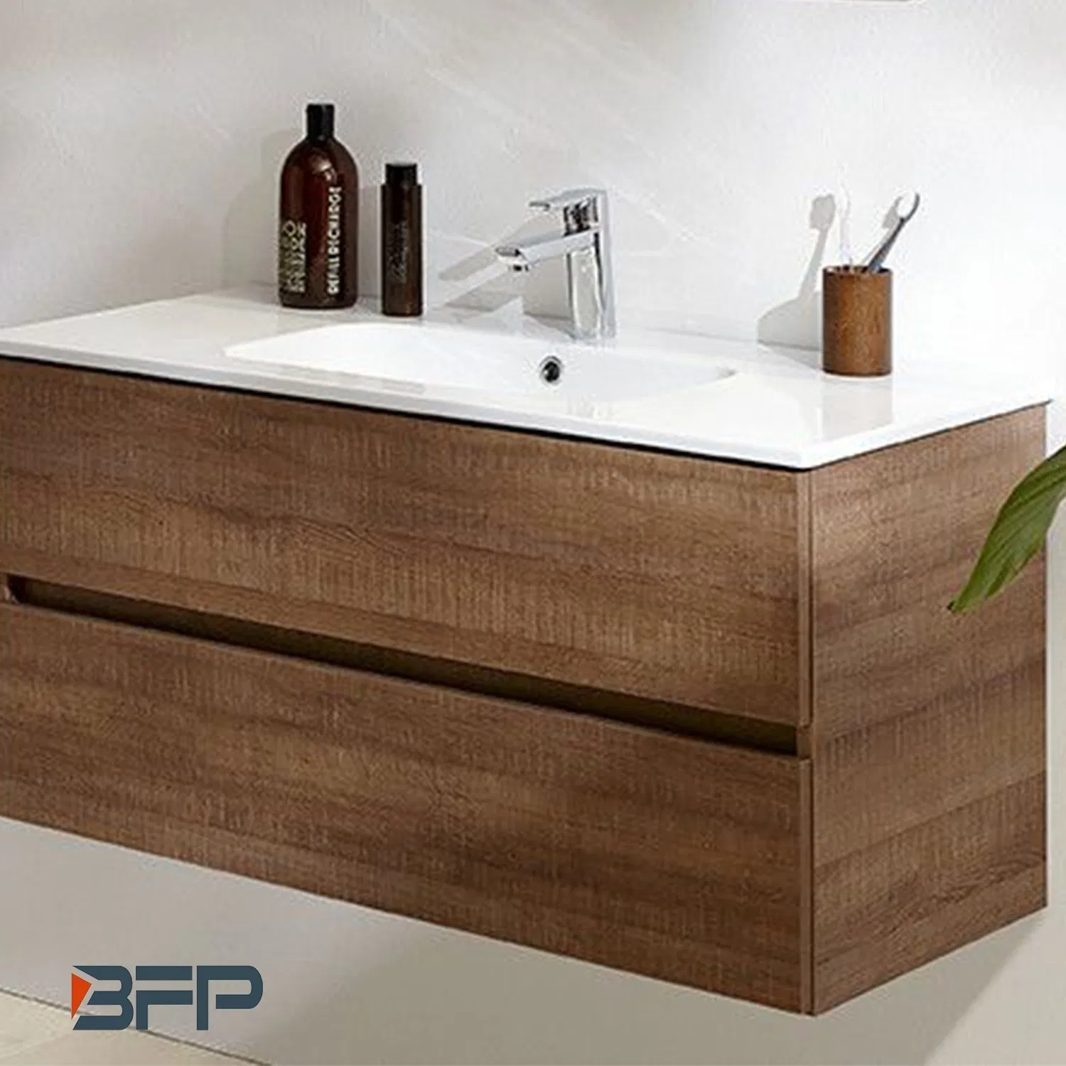 Wood Grain Flat Panel Double Sink Mirror Vanity for Bathroom