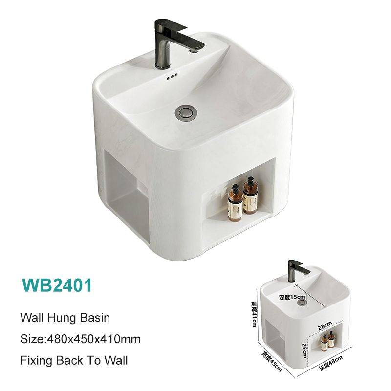 Soft Edge Rectangular Shape Wall Mounted Bathroom Sink with Integrated Shelf 2026 Luxury New Model