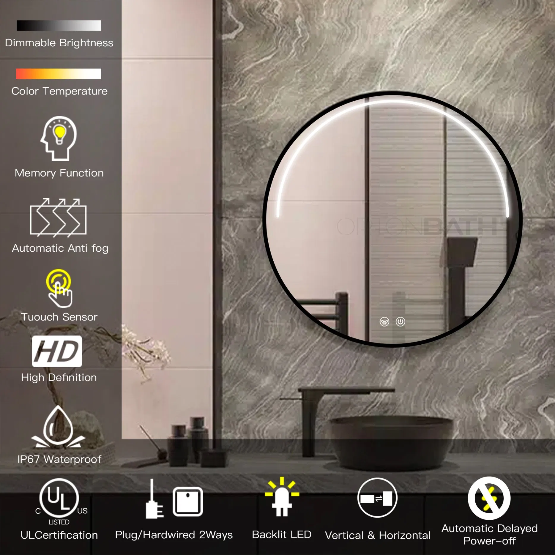 Ortonbath Thin Edge Front Lighted Black Framed Circle Bath Vanity Home Smart Wall Mounted LED Mirror Bathroom Designer Art Mirror