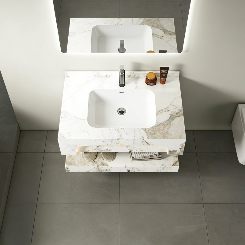 Modern Luxury Floating Rock Slab Bathroom Vanity with LED Mirror &amp; Ambient Lighting