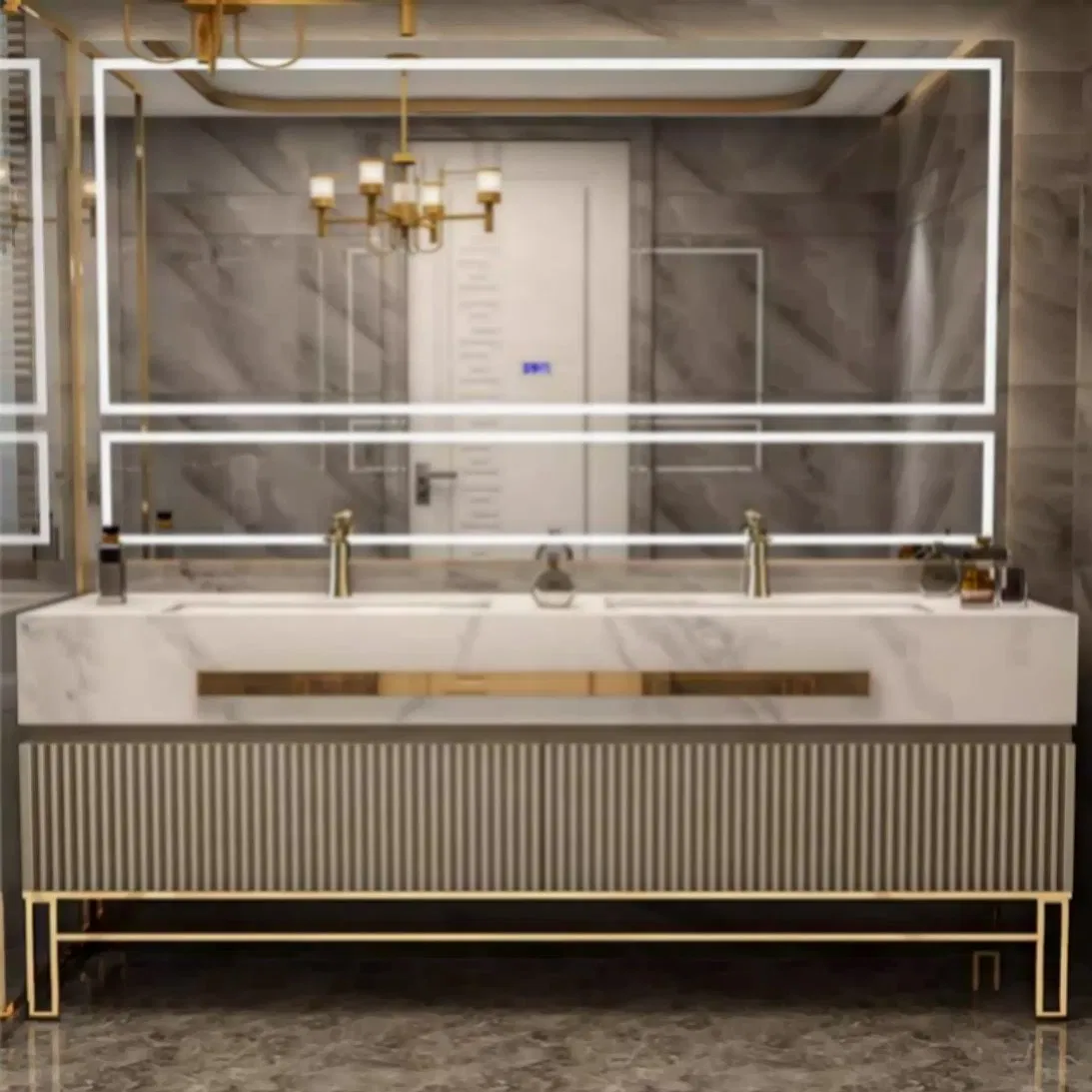 American Style Freestanding Bathroom Vanity with Natural Wood Veneer and Ceramic Sink Top