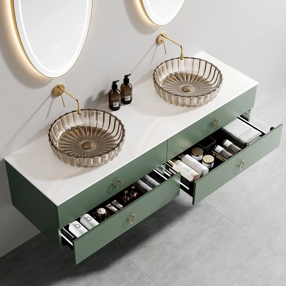 Multi-Functional Bathroom Cabinet Floating Vanity LED Mirror Sintered Stone Countertop Wooden Green Bathroom Cabinet for Hotel Use
