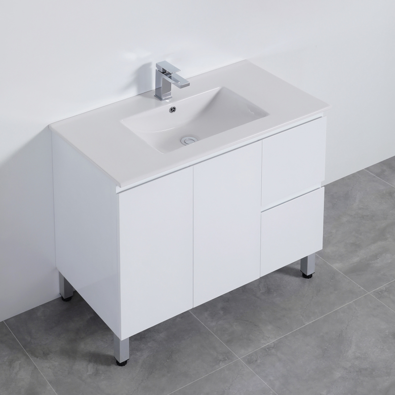 900mm PVC Bathroom Vanity Freestanding with Legs Gloss White Cabinet with Basin