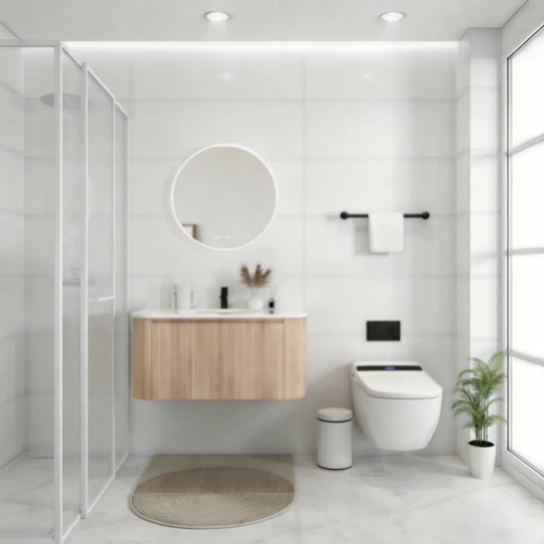 American Style Freestanding Bathroom Vanity with Natural Wood Veneer and Ceramic Sink Top