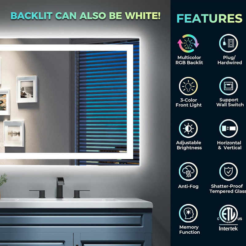 RGB Adjust Color Light Anti-Fog Smart Bathroom Mirror with Dimmable LED Mirror