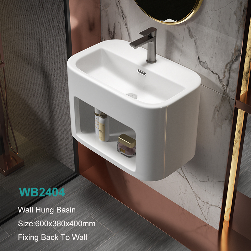 Soft Edge Rectangular Shape Wall Mounted Bathroom Sink with Integrated Shelf 2026 Luxury New Model