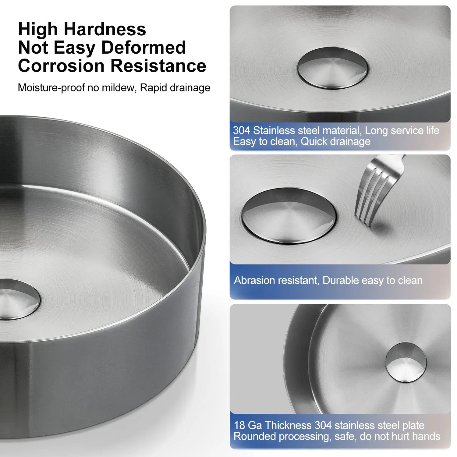 Aquacubic 16" Round Countertop Brushed Handmade 304 Stainless Steel Bathroom Vessel Sink with Drain